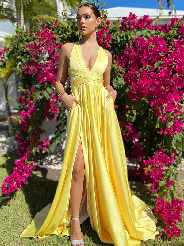 Wholesale A-Line/Princess Silk like Satin Ruffles V-neck Sleeveless Sweep/Brush Train Dresses
